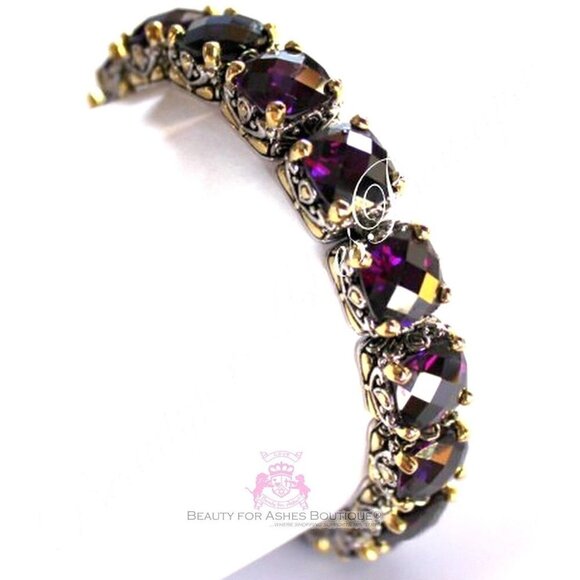 Checkerboard Cut Dark Amethyst Two Tone Throne Room Chunky Tennis CZ Bracelet - Picture 2 of 4